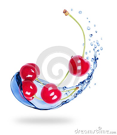 Cherries with splashes of fresh water close-up on white Stock Photo