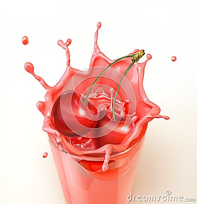 Cherries splashing into a glass full of milkshake. Stock Photo