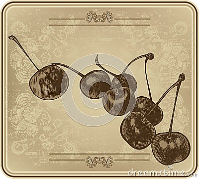 Cherries with vintage frame, hand-drawing. Vector illustration. Vector Illustration