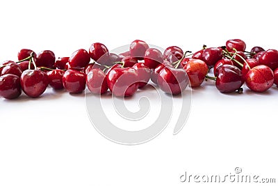 Cherries on a white background. Fresh red cherries. Texture blueberry berries close up. Cherry fruit. Cherries with copy space for Stock Photo