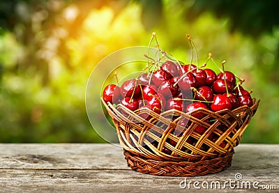 Cherry basket on table Stock Photo