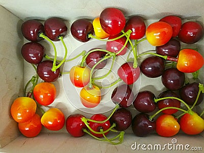 Cherry Berries In The Box, Top View. Stock Photo