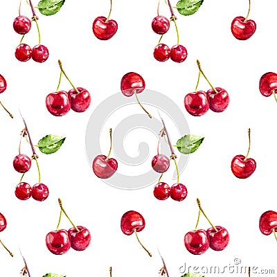 Cherry berries hand draw seamless watercolor fabric pattern. Cartoon Illustration