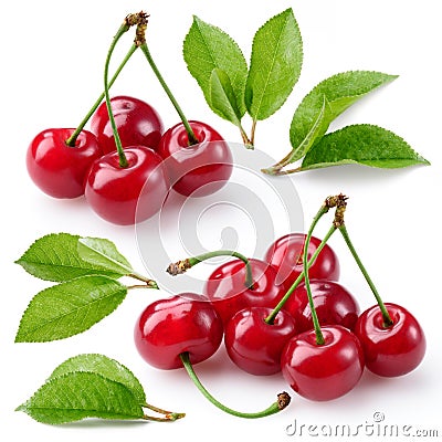 Cherry. Berries with leaves isolated on white Stock Photo