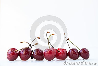 Cherry berries stand in a row on a white background. Copy space for your text Stock Photo