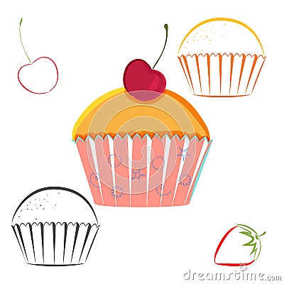 Cherry berry cupcake set Vector Illustration