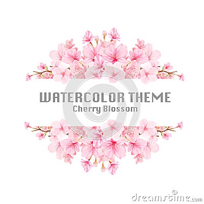 Cherry blossom background frame with hand drawn flowers Vector Illustration