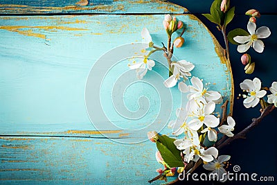 Cherry blossom on blue wooden table Stock Photo