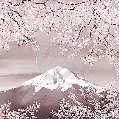 Cherry blossom branch on Fuji mountain landscape watercolor romantic view Spring Sakura blooming trees Japanese illustration Cartoon Illustration