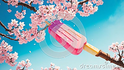 Cherry Blossom Delight A Captivating Snapshot of National Cherry Popsicle Day.AI Generated Stock Photo