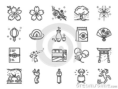 Cherry blossom festival icon set. Included icons as Sakura, blooming, fair, flower, japan and more. Vector Illustration