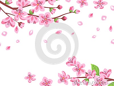 Cherry blossom. Floral sakura branches. Spring japan romantic flying petals. Pink flower bloom garden, cartoon oriental Vector Illustration