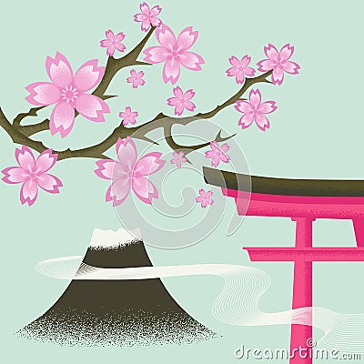 Cherry blossom, Fuji, Gate - Japanese spring Vector Illustration