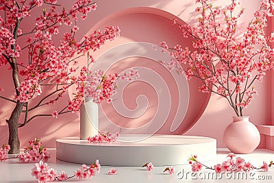 Cherry Blossom Overload with Product Display Stand in Enchanting Pink Hues Stock Photo