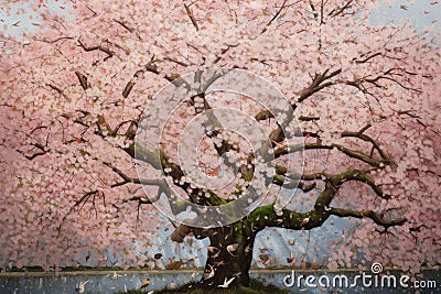 cherry blossom tree in full bloom, with colorful birds and dragonflies flitting about Stock Photo