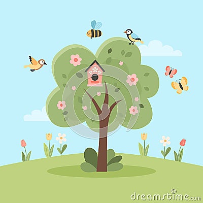 Cherry blossom tree, welcome spring card with cute elements. Hand drawn flat cartoon elements. Vector illustration Vector Illustration