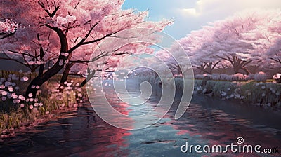 Cherry blossom trees along a river in springtime. Generative AI Stock Photo