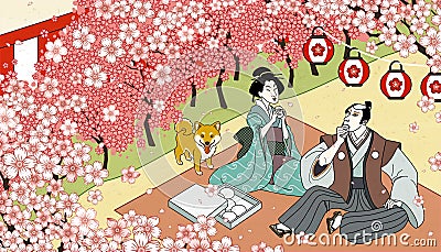 Cherry blossom viewing in ukiyo-e Vector Illustration