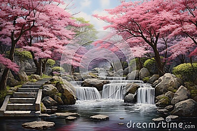 Cherry blossom and waterfall in spring season, 3d rendering, Japanese garden painting with a sakura tree, ultra-realistic and Stock Photo
