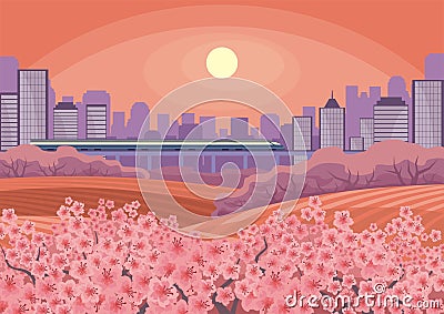Cherry blossoms and the city Vector Illustration