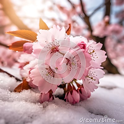 Cherry Blossoms cover by snow in the winter, reflection by the sun Stock Photo