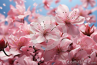 Cherry blossoms dancing in the wind creating a poetic spectacle, environmental image, Generative AI Stock Photo
