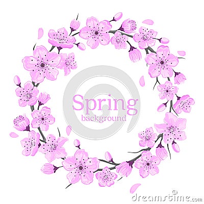 Cherry Blossoms Flowers Wreath Vector Illustration