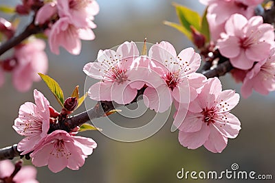 Cherry Blossoms in Full Bloom Against Clear Blue Sky Stock Photo