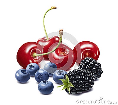 Cherry, blueberry and blackberry berries isolated on white background Stock Photo