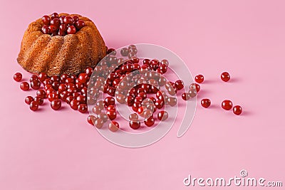 Cherry cake and cherrie berry on pink background Stock Photo