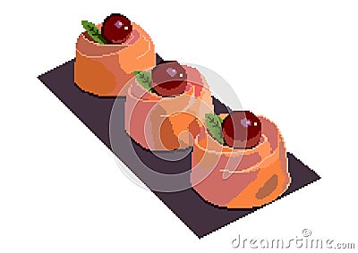 Cherry Cake. Colorful sweet cakes slices pieces set vector illustration. Pixel art illustration Cartoon Illustration