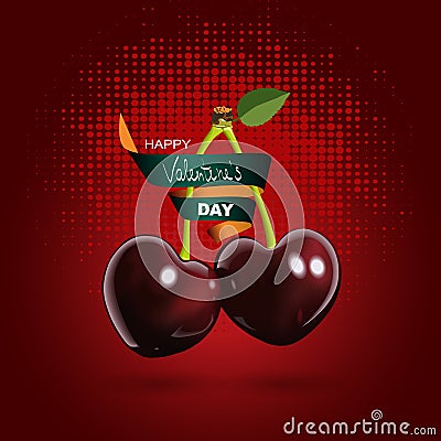 Cherry card. Cherries in the form of hearts. Happy Valentine`s Day. Vector Vector Illustration