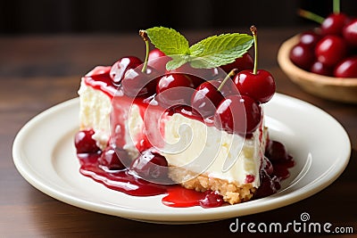 Cherry cheesecake slice topped with fresh cherries and drizzled with cherry syrup, with a mint leaf on top, on a white plate Stock Photo