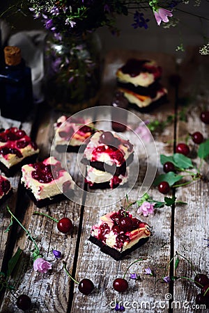 Cherry cheesecake swirl brownies.style rustic Stock Photo