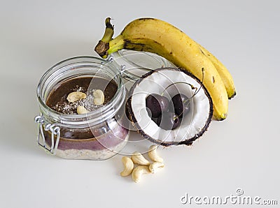 Cherry coconut banana overnight oats Stock Photo