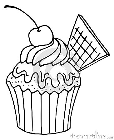 Cherry cupcake doodle. Sweet cream muffin sketch Vector Illustration