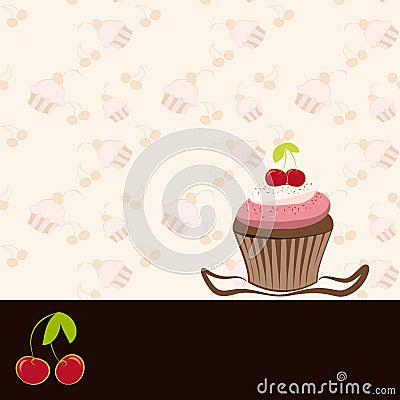 Cherry cupcake invitation card Vector Illustration