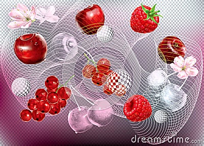 Cherry, Currant red, Raspberry and flower on a abstract background Vector Illustration