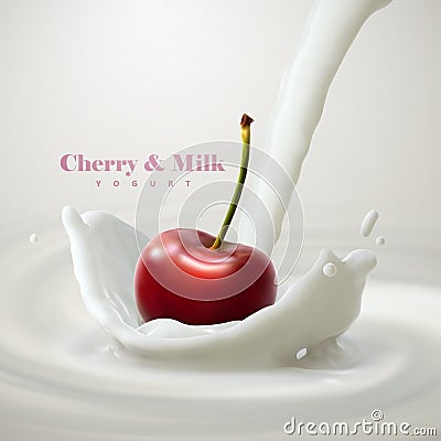 Cherry falling in the milk Vector Illustration