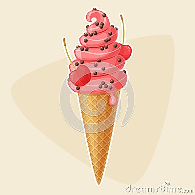 Cherry flavored ice cream in a waffle con Vector Illustration