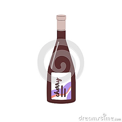 Cherry flavored juice in glass bottle. Refreshing sweet drink. Juicy beverage with berry taste. Summer refreshment Vector Illustration