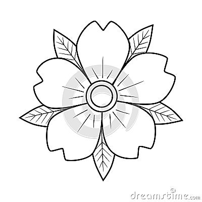 Cherry flower with leaves old school classic traditional tattoo. Hand Drawn Black Outline Doodle Logo Icon. Coloring book page. Cartoon Illustration