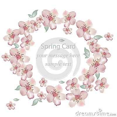 Cherry flowers blossom wreath card. Vector illustration. Delicate decor for anniversary, wedding, birthday, events. Vector Illustration