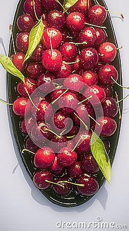Cherry freshness Plate of sweet cherries with water droplets, tempting Stock Photo
