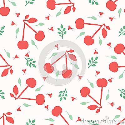 Cherry fruit seamless vector pattern background. Hand drawn tossed paper cut out. Matisse style. 1950s garden folk art summer Stock Photo