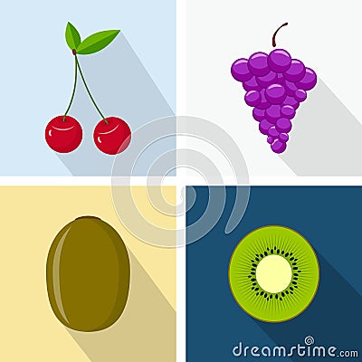 Cherry, grapes and kiwi. Colorful flat design. Fruits Vector Illustration