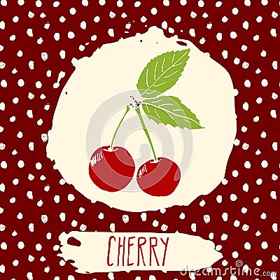 Cherry hand drawn sketched fruit with leaf on background with dots pattern. Doodle vector cherry for logo, label, brand identity Vector Illustration