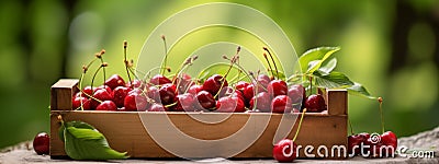 Cherry harvest in a box in the garden. Selective focus. Stock Photo