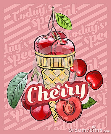 Cherry ice cream scoop in cones. Vector sketch illustration. Fruit ice cream idea, concept Vector Illustration