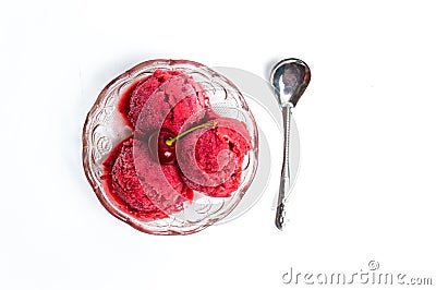 Cherry ice cream scoops in a bowl Stock Photo